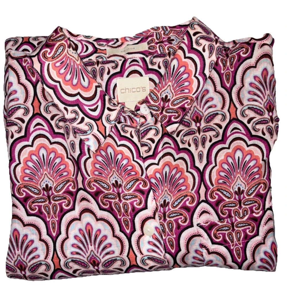 Chico's Top Womens Size 1 Pink‎ Linen No-Iron Paisley Button 3/4 Sleeve Career